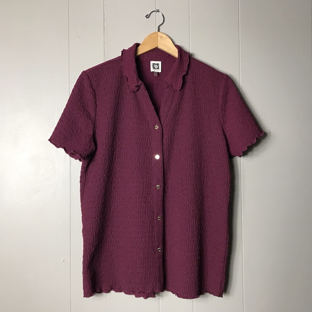 ANNE KLEIN MERLOT RED TEXTURED BUTTON DOWN SHIRT RUFFLED COLLAR WOMENS LARGE